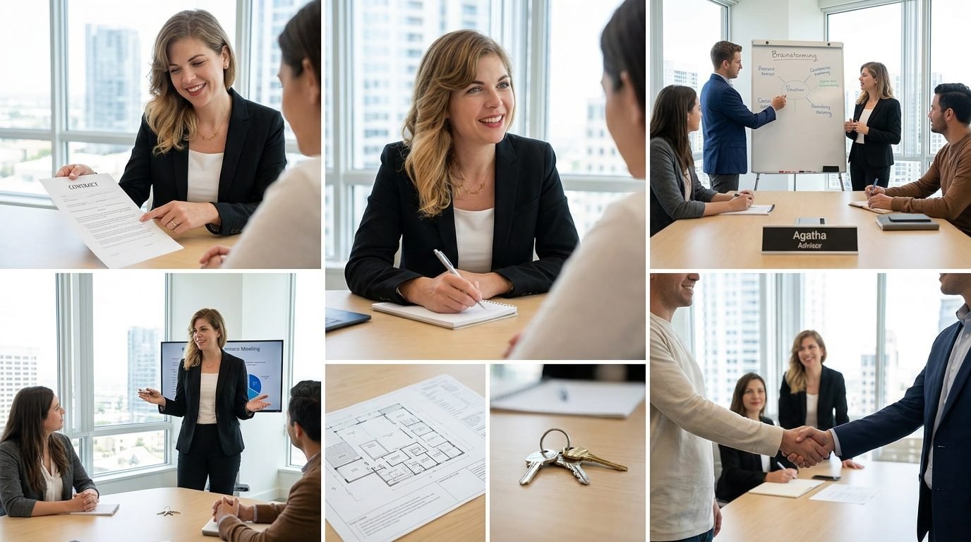 Agatha Lubas working with clients — meetings, listing presentations, floor plan reviews, and key handoffs