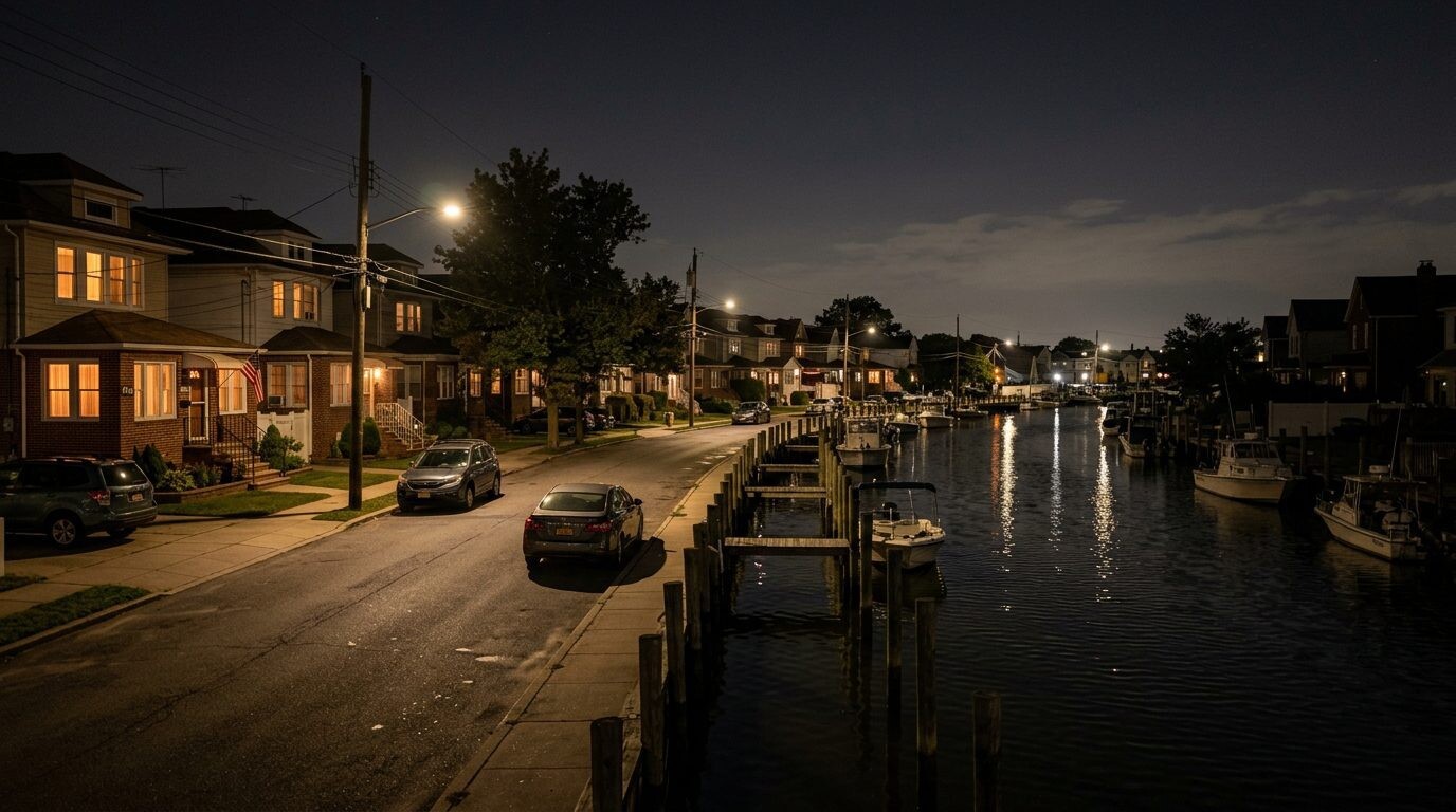 Buy Your Home in Howard Beach 2 Howard Beach, Queens NY real estate — Canal side street night shot · Homes by Agatha