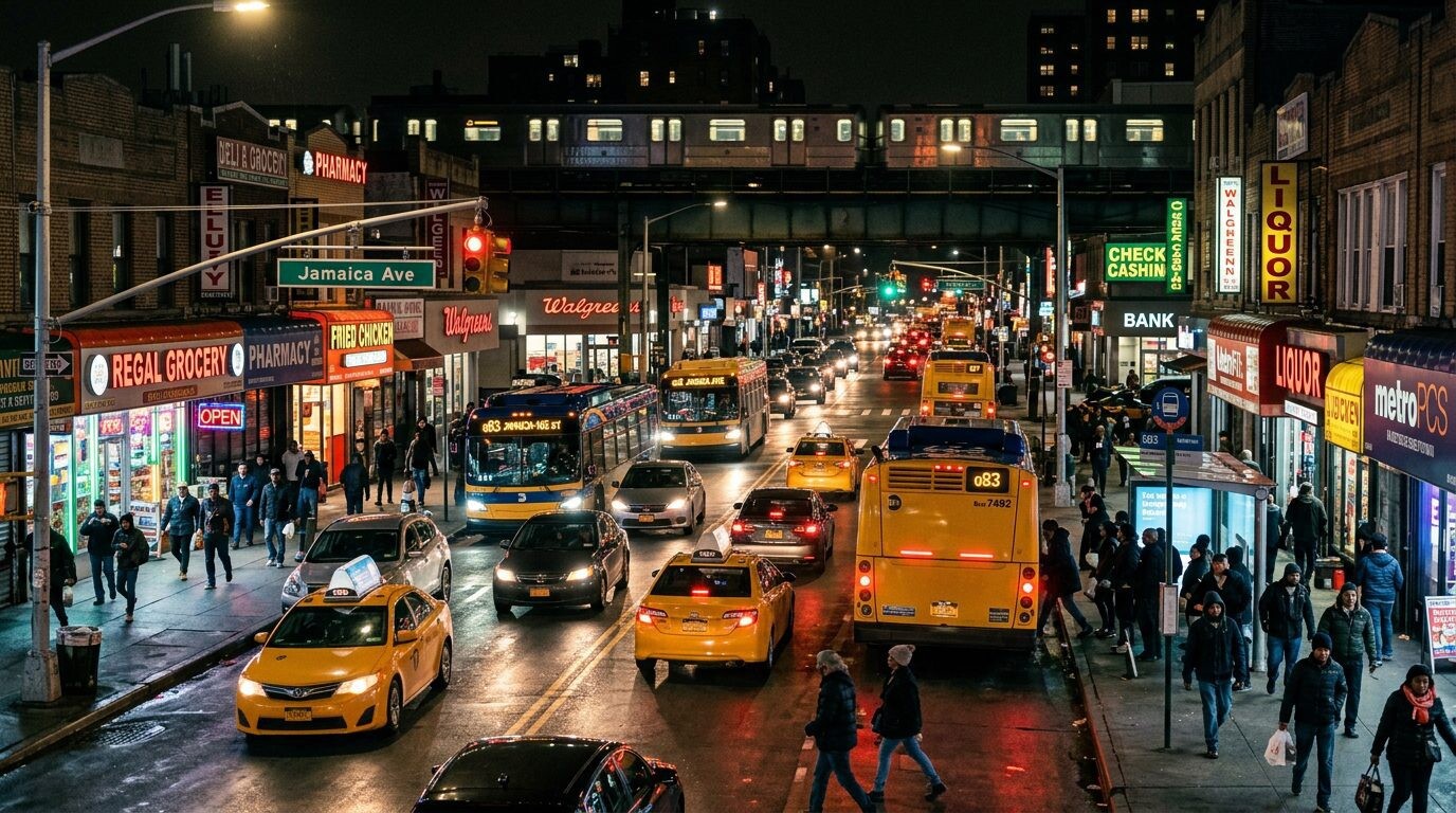 Sell Your Home in Jamaica 1 Jamaica, Queens NY home values — Night scene · Homes by Agatha