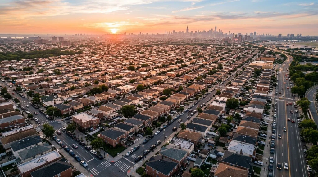 South Ozone Park, Queens NY real estate — Aerial drone sunset · Homes by Agatha
