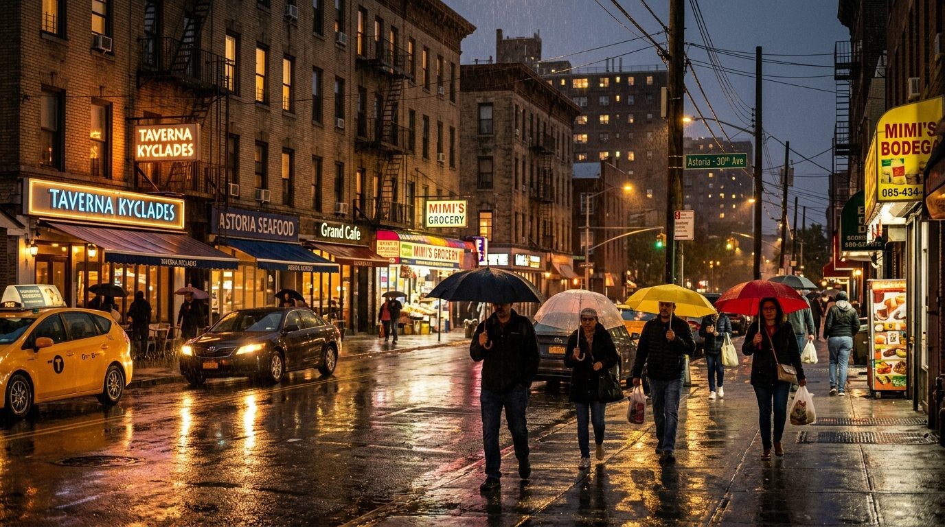 Buy a home in Astoria, Queens NY — Rainy evening street · Homes by Agatha