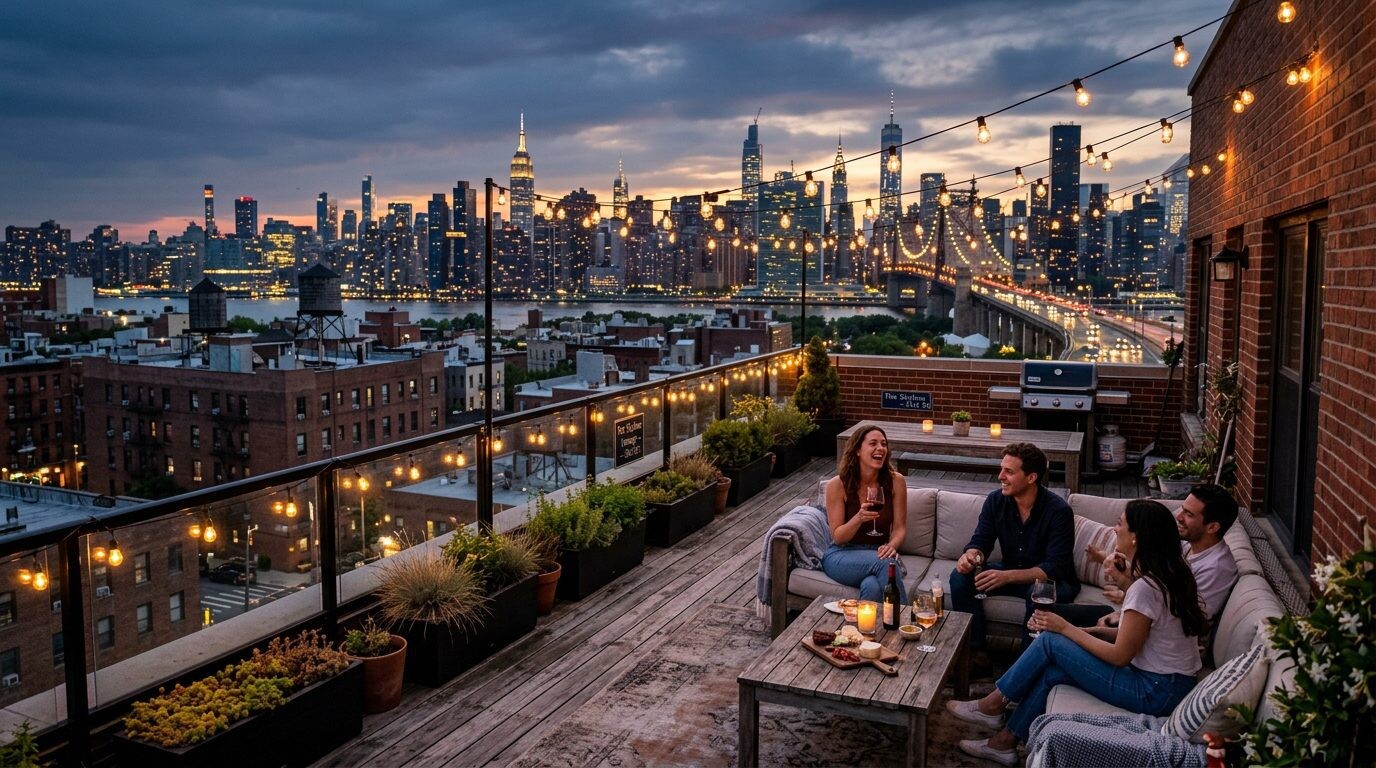 Houses for sale in Astoria, Queens NY — Rooftop lounge skyline views · Homes by Agatha