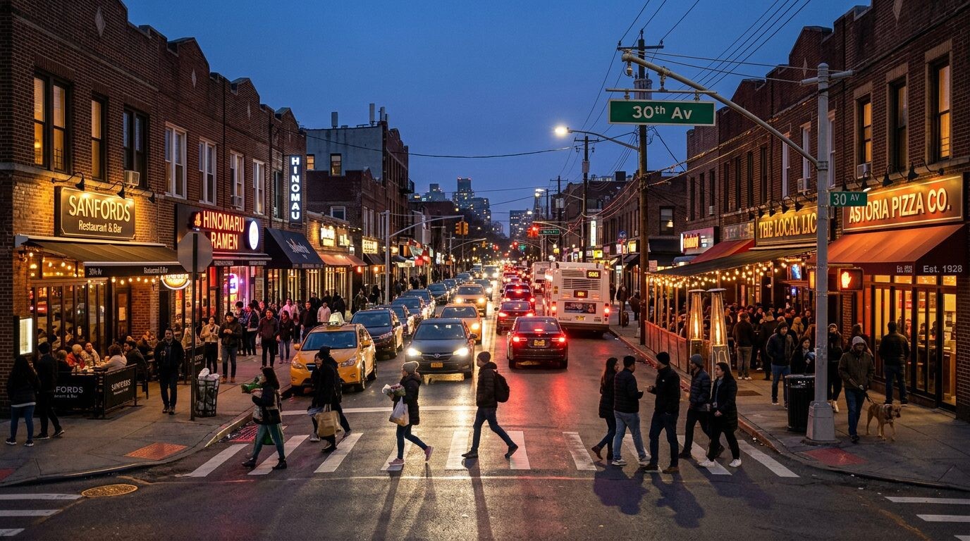 Twilight on an Astoria avenue, Queens NY — Homes by Agatha