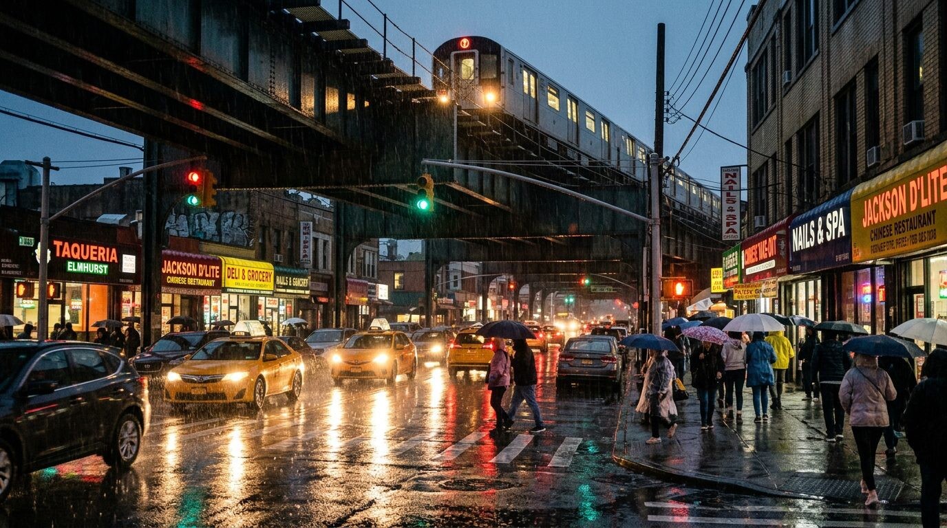 Buy a home in Elmhurst, Queens NY — Rainy evening scene pavement · Homes by Agatha