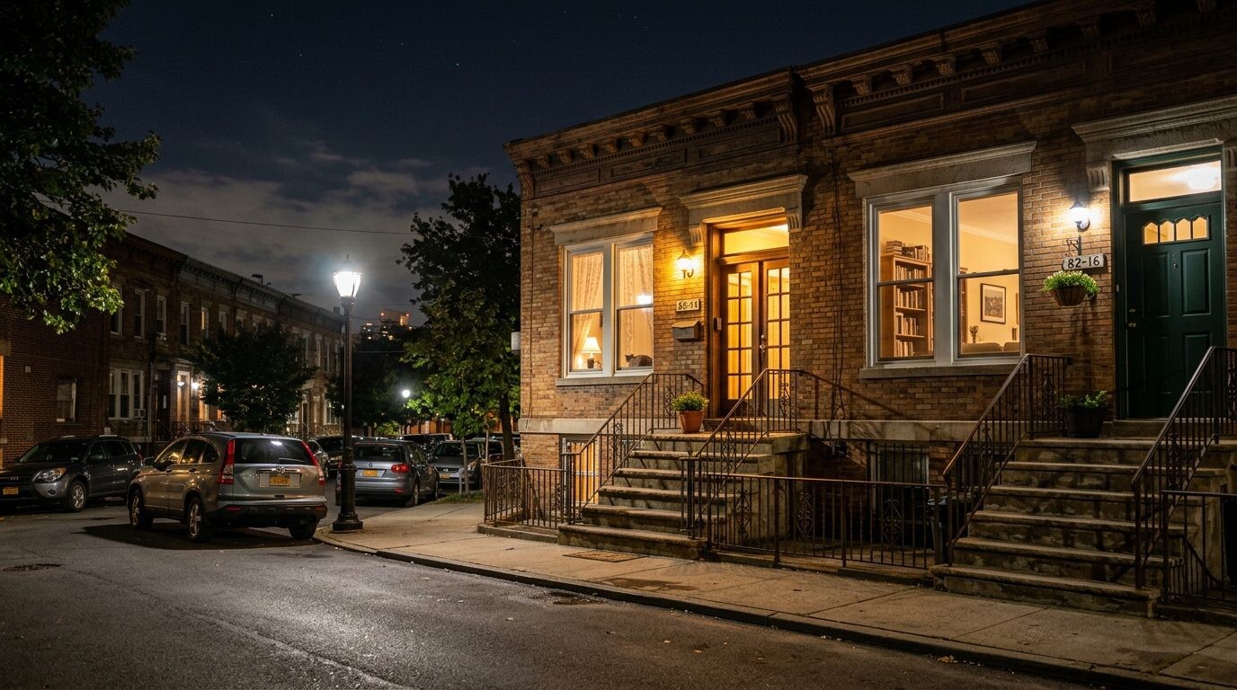 Glendale, Queens NY real estate — Front stoops warm indoor lighting · Homes by Agatha