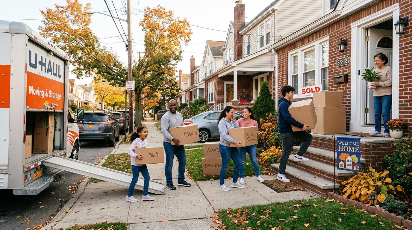 Sell your home in Woodhaven, Queens NY — Family unloading boxes home · Homes by Agatha