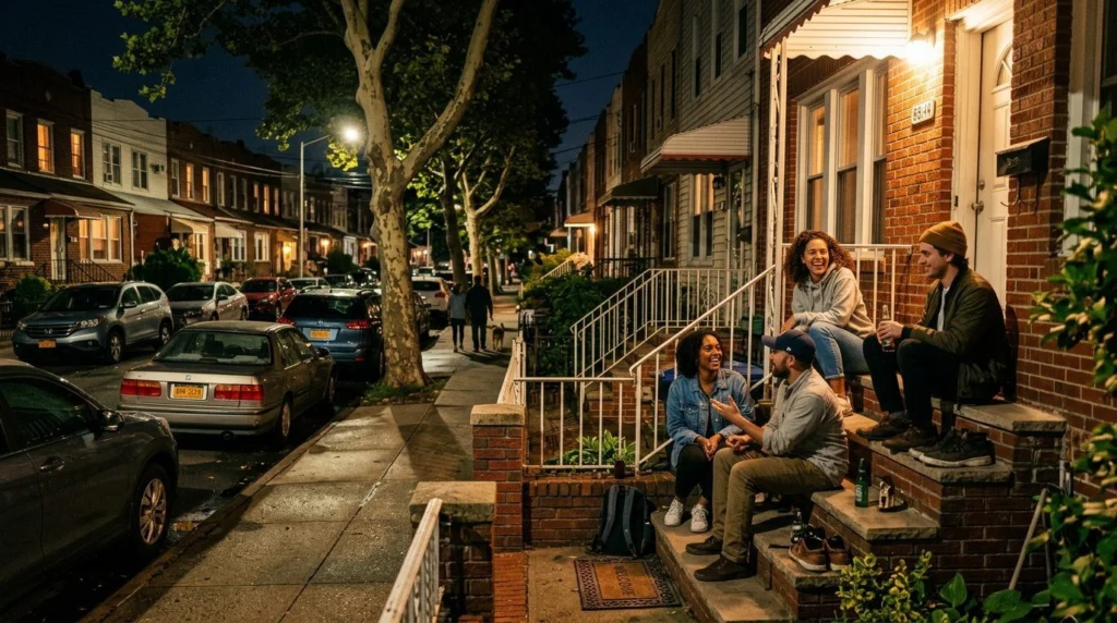 Buy a home in Woodhaven, Queens NY — People sitting stoop · Homes by Agatha