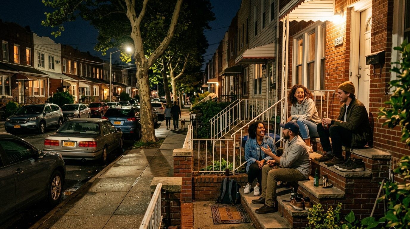 Buy a home in Woodhaven, Queens NY — People sitting stoop · Homes by Agatha