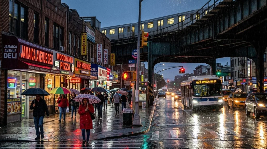 Woodhaven, Queens NY real estate — Rainy evening avenue · Homes by Agatha