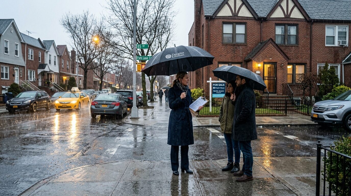 Woodhaven, Queens NY home values — Realtor showing home rain · Homes by Agatha