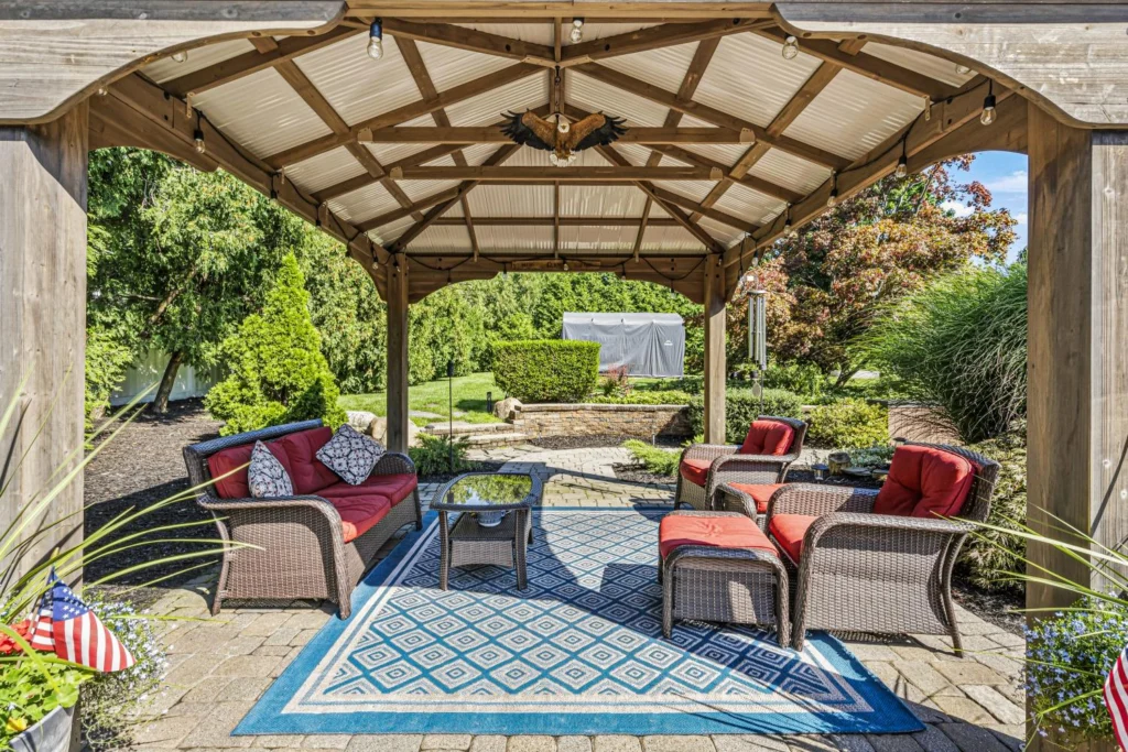 Long Island real estate — 31 Dehan Street covered pergola seating area, Smithtown NY