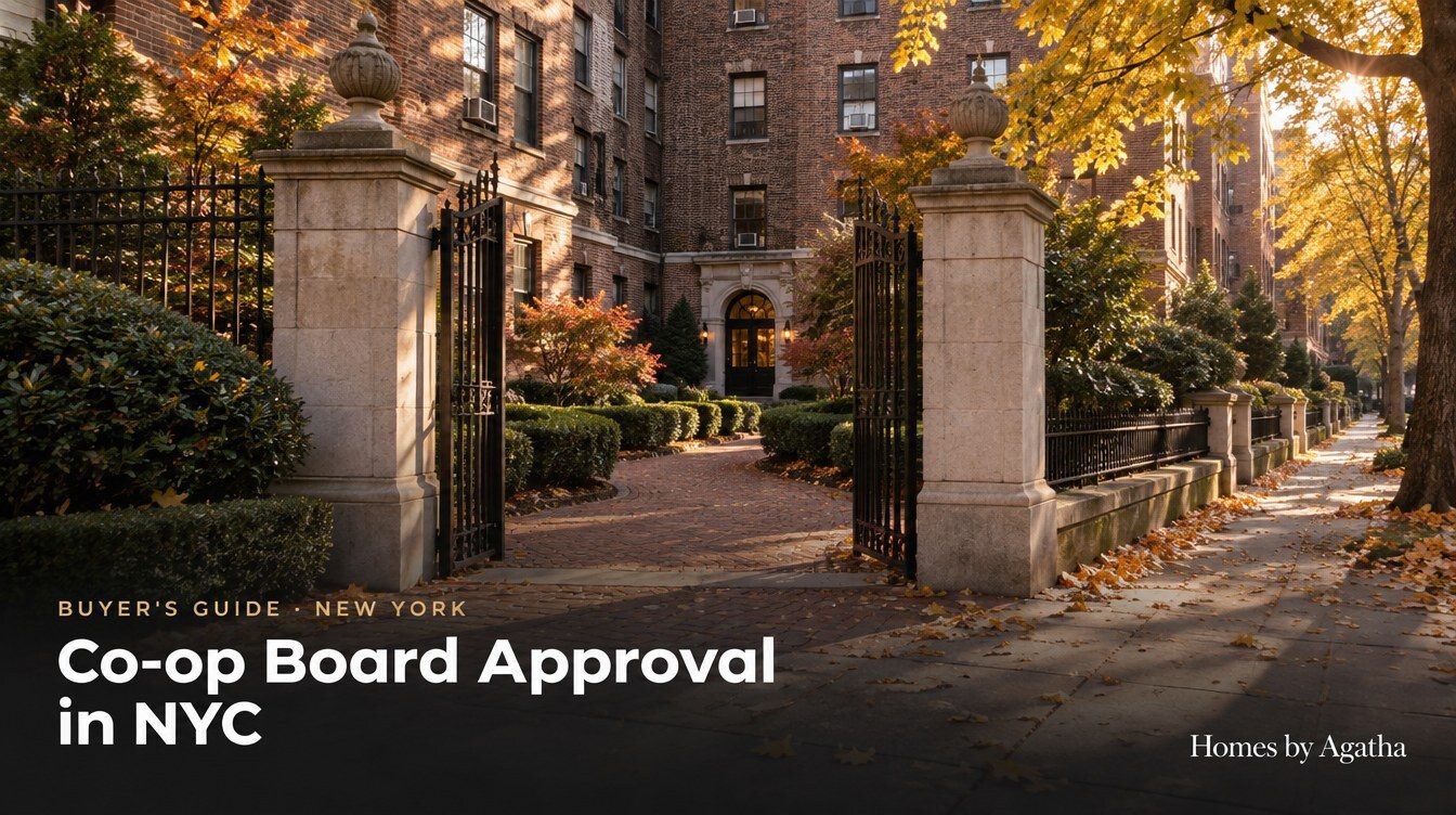 co-op board approval process in NYC — pre-war Queens co-op building entrance, buyer's guide by Homes by Agatha